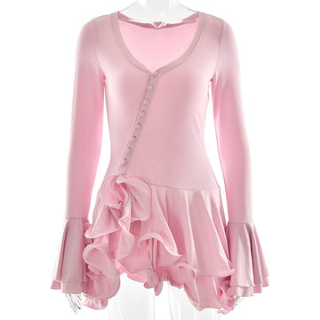 New Hot Horn Sleeves To Close The Waist Short Dress Sexy Hottie Single Buckle Dress Woman HZ0628